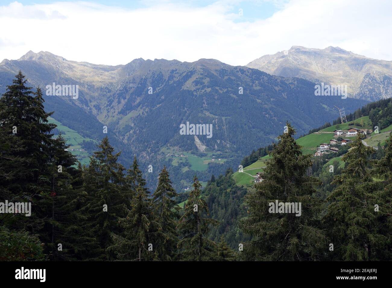 Wanderung auf dem Verdinser Waalweg zur Waalerhütte - Blick über das Passeiertal zu den Ötztaler Alpen, Schenna, Südtirol, Italien Banque D'Images