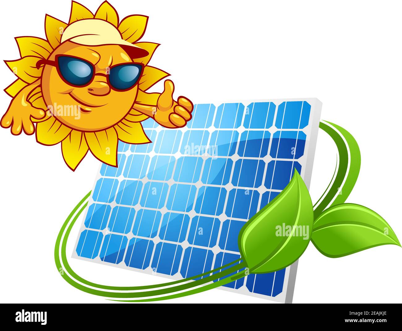 Énergies alternatives et ressources renouvelables concept écologique avec  dessin animé gai soleil dans des lunettes de soleil montrant le pouce vers  le haut mouvement et panneau solaire entouré par Image Vectorielle Stock -