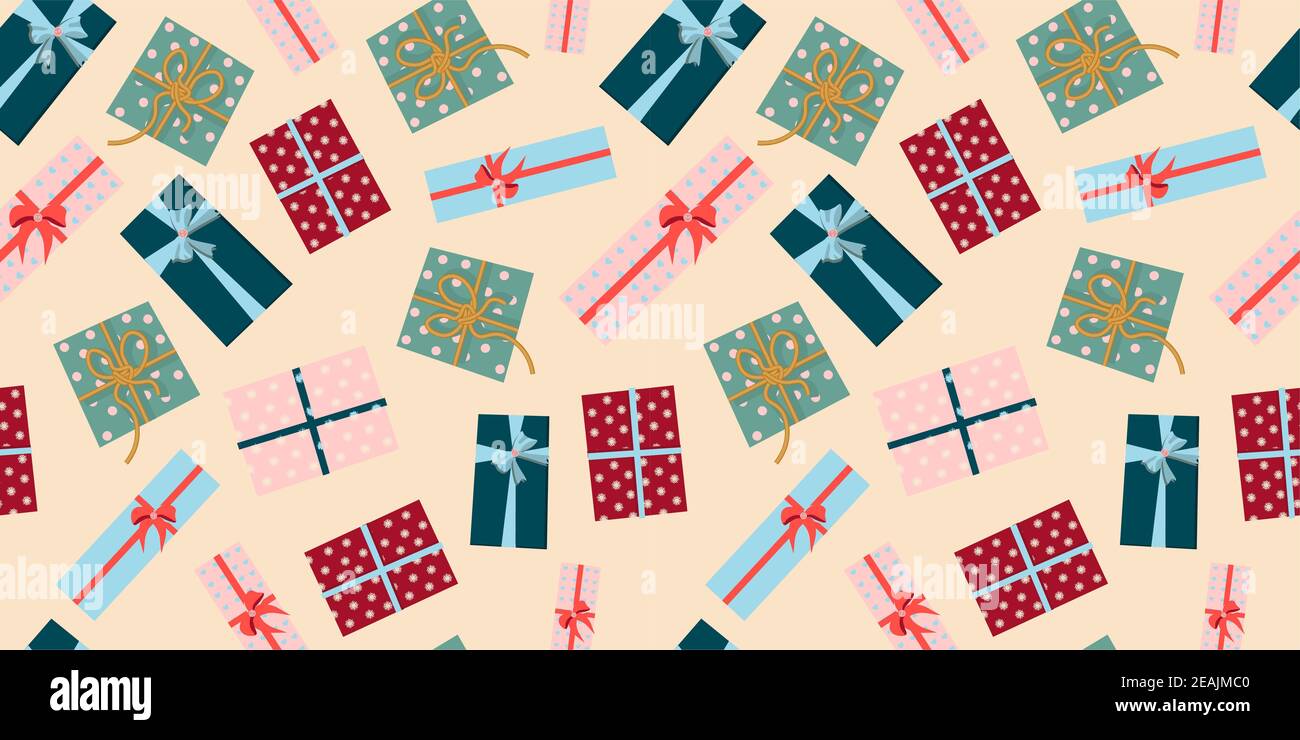 Dessin pour la conception du papier d'emballage. Cadeaux de Noël sur fond rose. Ambiance festive. Illustration vectorielle pour le Web et l'impression Banque D'Images