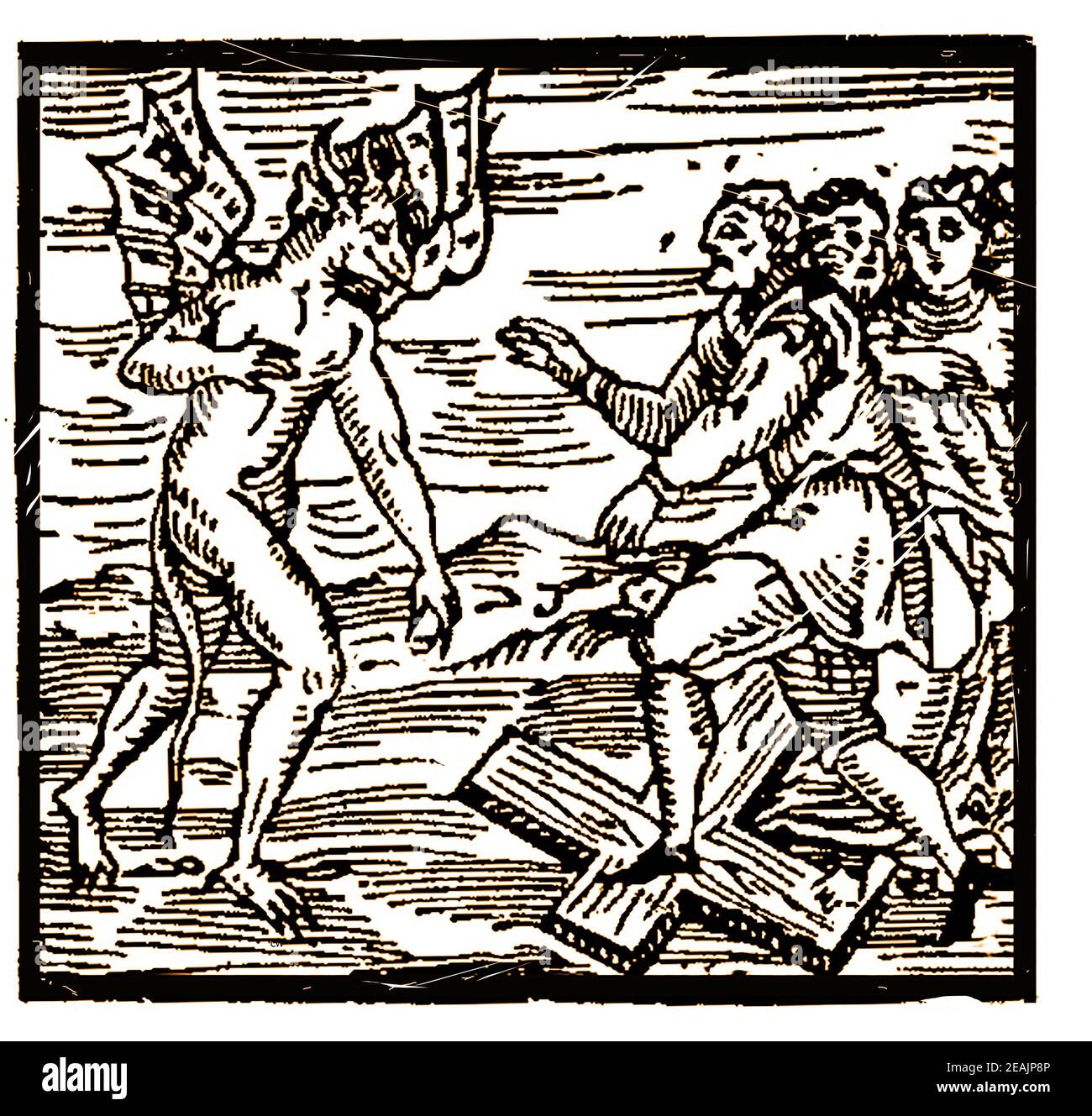 Une gravure de coupe de bois du XVIIe siècle montrant les maux d'une croyance en la magie et diabologuey pour ceux qui suivent la religion conventionnelle.Voici le diable obtient ses disciples pour estampiller sur la croix. Banque D'Images