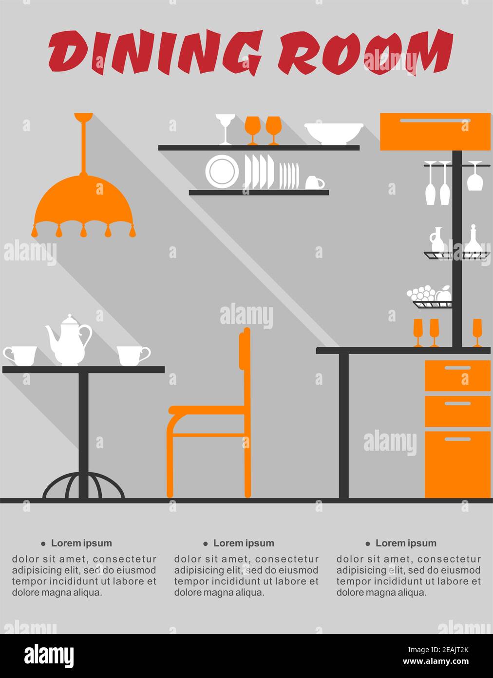Intérieur au design plat de la salle à manger moderne minimaliste avec bar, chaise, abat-jour, table, étagères, vaisselle et texte salle à manger Illustration de Vecteur