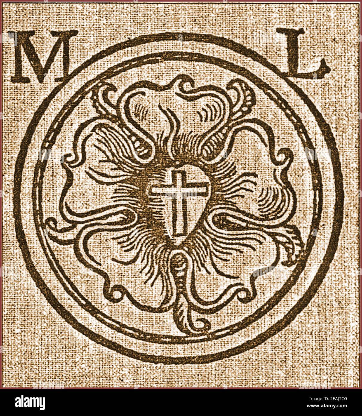 Croix rosercienne de Rose sur les bras de Martin Luther - une représentation du début du XVIe siècle du symbolisme rosercien comprenant une rose sur une croix. Le symbolisme est largement utilisé dans la magie, la religion mysticis, le gnosticisme et bien sûr dans l'ordre rosicien. Banque D'Images