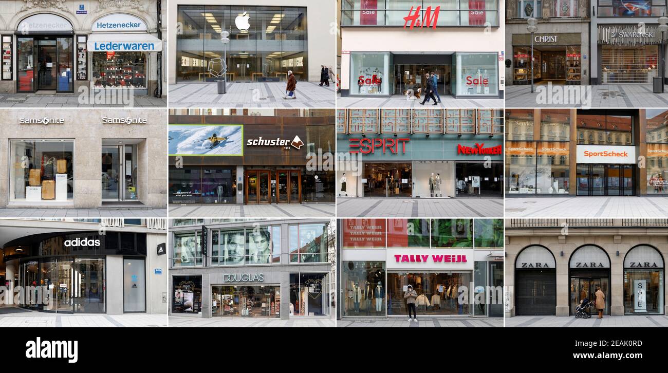 Une combinaison de magasins fermés en raison de la pandémie de coronavirus  (COVID-19) dans le centre-ville de Munich, Allemagne, le 5 février 2021.  Photos prises le 5 février 2021. REUTERS/Michaela Rehle Photo