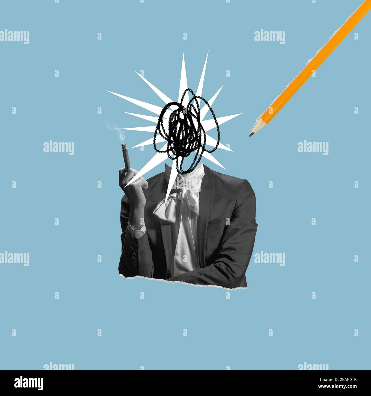 Homme en costume fumant avec de fortes pensées sur fond bleu. Espace négatif pour insérer votre texte. Design moderne. Collage d'art contemporain coloré et conceptuel brillant, collage d'art. Art visuel Banque D'Images