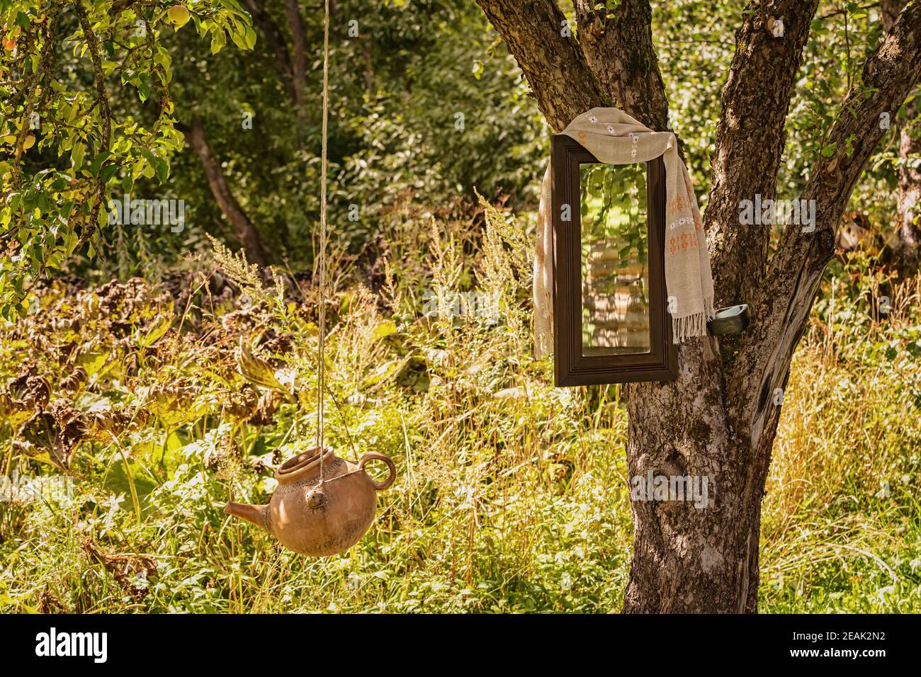 Lavabo et miroir sur un arbre Banque D'Images