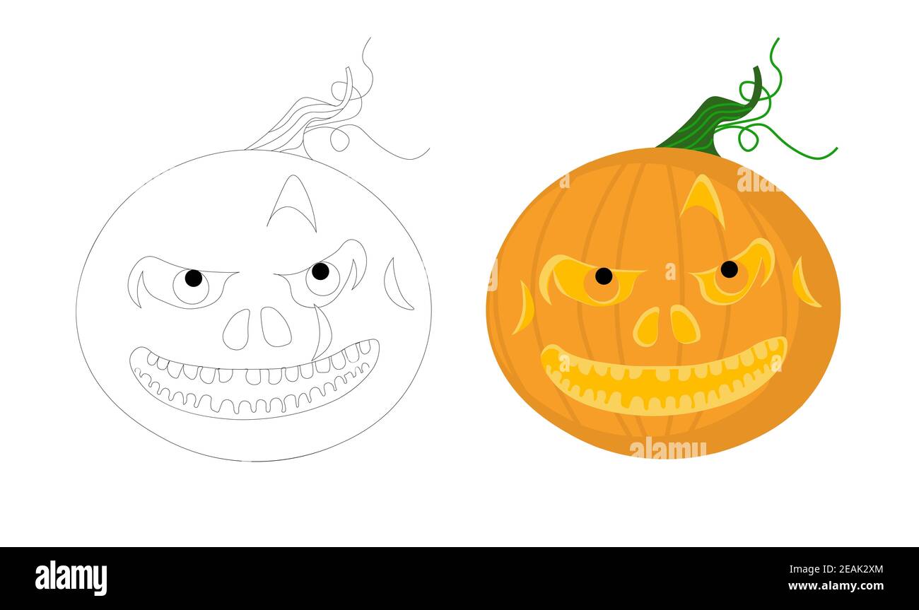 Livre de coloriage Halloween. Citrouille drôle sur fond blanc. Coloriage pour enfants. Banque D'Images