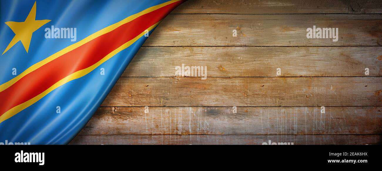 Drapeau de la République démocratique du Congo sur un mur en bois d'époque bannière Banque D'Images