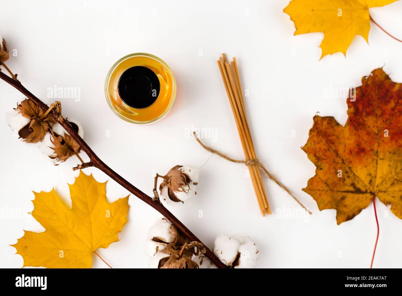 Composition de la vibe d'automne. Maquette de carte de vœux vierge. Pot à parfum, feuilles d'érable colorées. Arrière-plan de table blanc. Flat lay, vue de dessus. Banque D'Images Composition de la vibe d'automne. Maquette de carte de vœux vierge. Pot à parfum, feuilles d'érable colorées. Arrière-plan de table blanc. Flat lay, vue de dessus. Banque D'Images