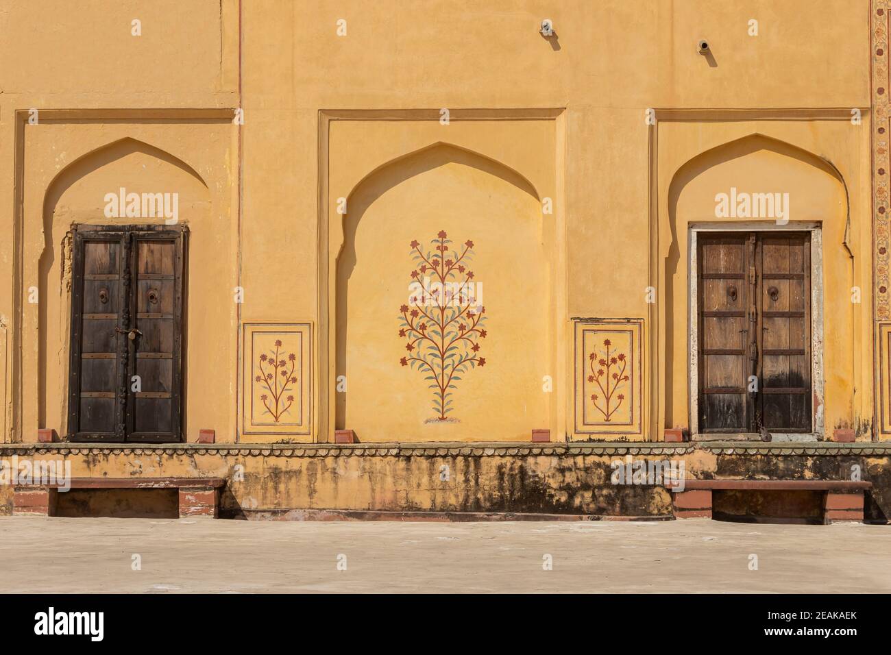 Portes en bois et murs décorés de fort Amber, Jaipur, Rajasthan, Inde. Banque D'Images