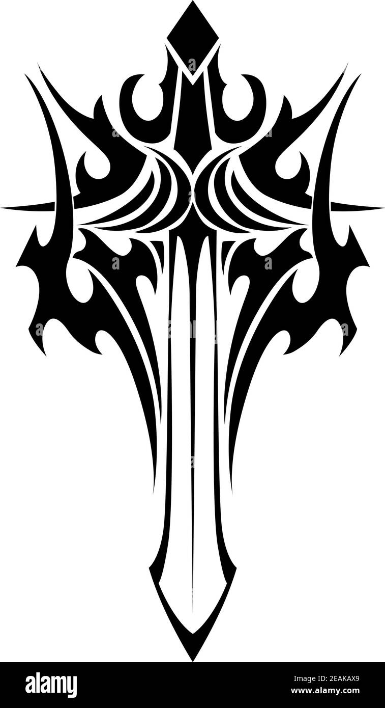 Illustration tribale noire et blanche d'une épée à ailes ornées avec une poignée stylisée et une lame aiguisée pour un motif tatouage Illustration de Vecteur
