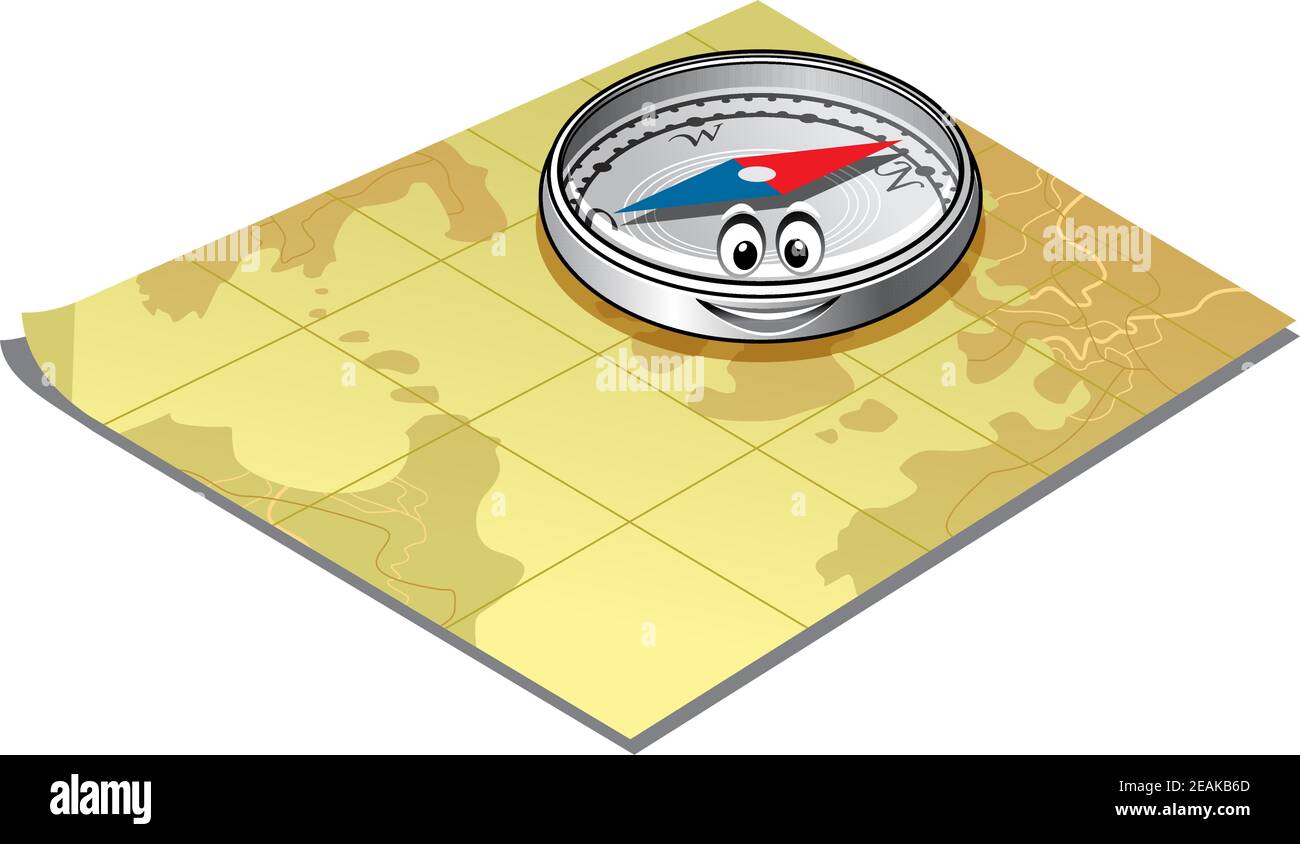 Joli petit compas magnétique avec un visage souriant couché une carte conceptuelle du voyage et de la conception d'exploration Illustration de Vecteur