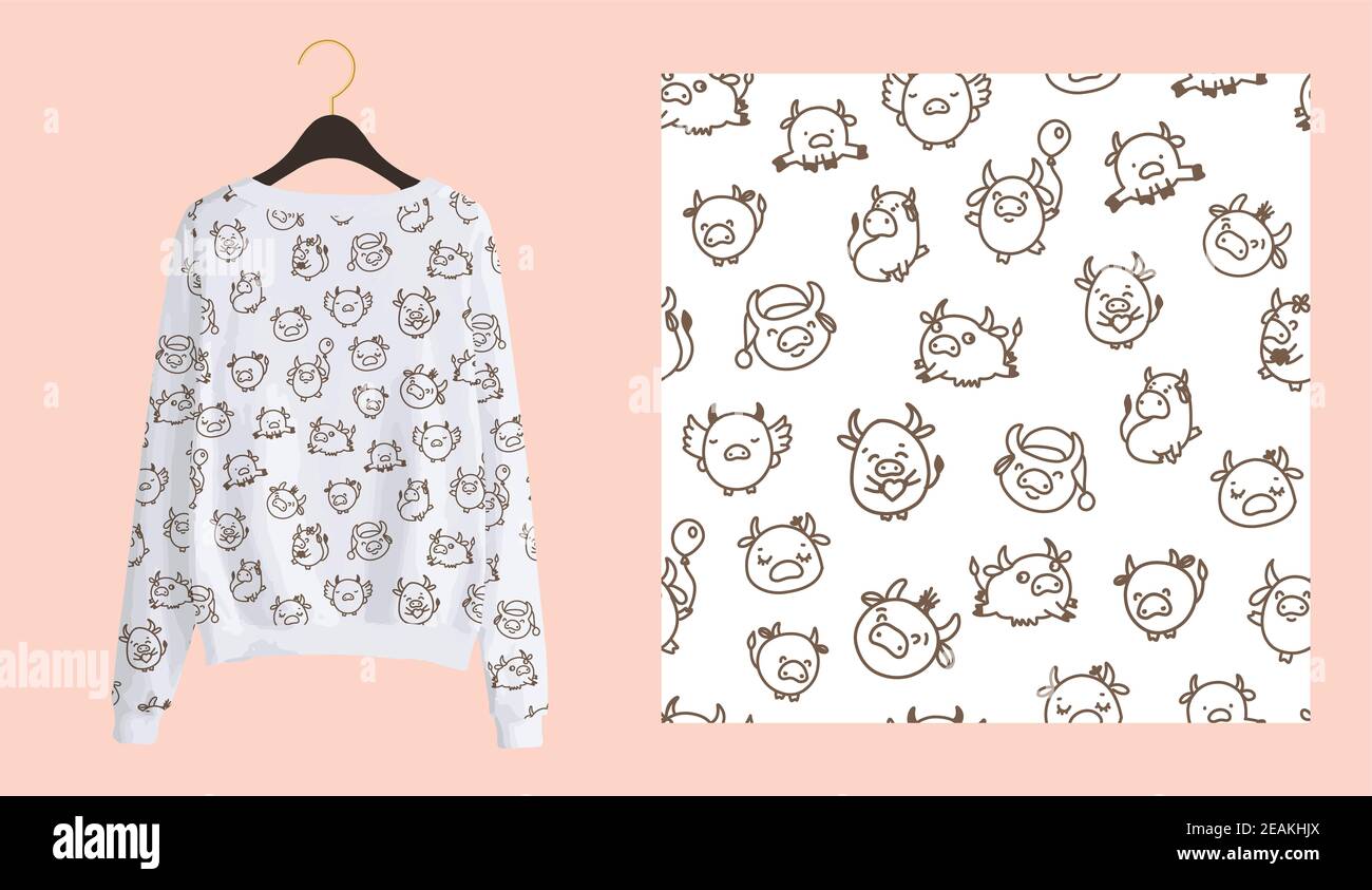 Imprimé moderne et tendance pour tissus et textiles. Motif sans couture en forme de taureaux ou de boeufs. Doodle vache sur fond blanc. Conception de vêtements Banque D'Images