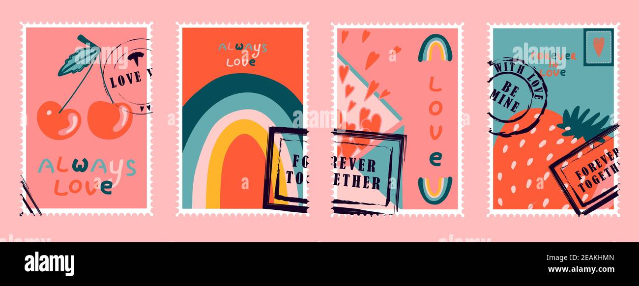 timbres-poste romantiques. enveloppes et cartes pour la saint-valentin. Vue de haut en bas. Illustration vectorielle moderne pour la conception et l'impression de sites Web. Timbres rétro. Concept de correspondance et de livraison postale Banque D'Images