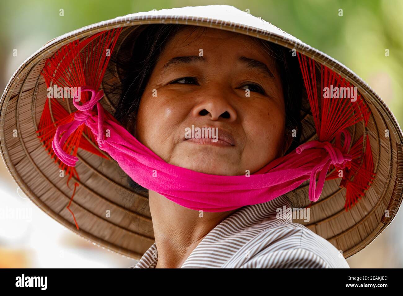 Une femme du Vietnam avec un chapeau de paille et le soleil protection Banque D'Images