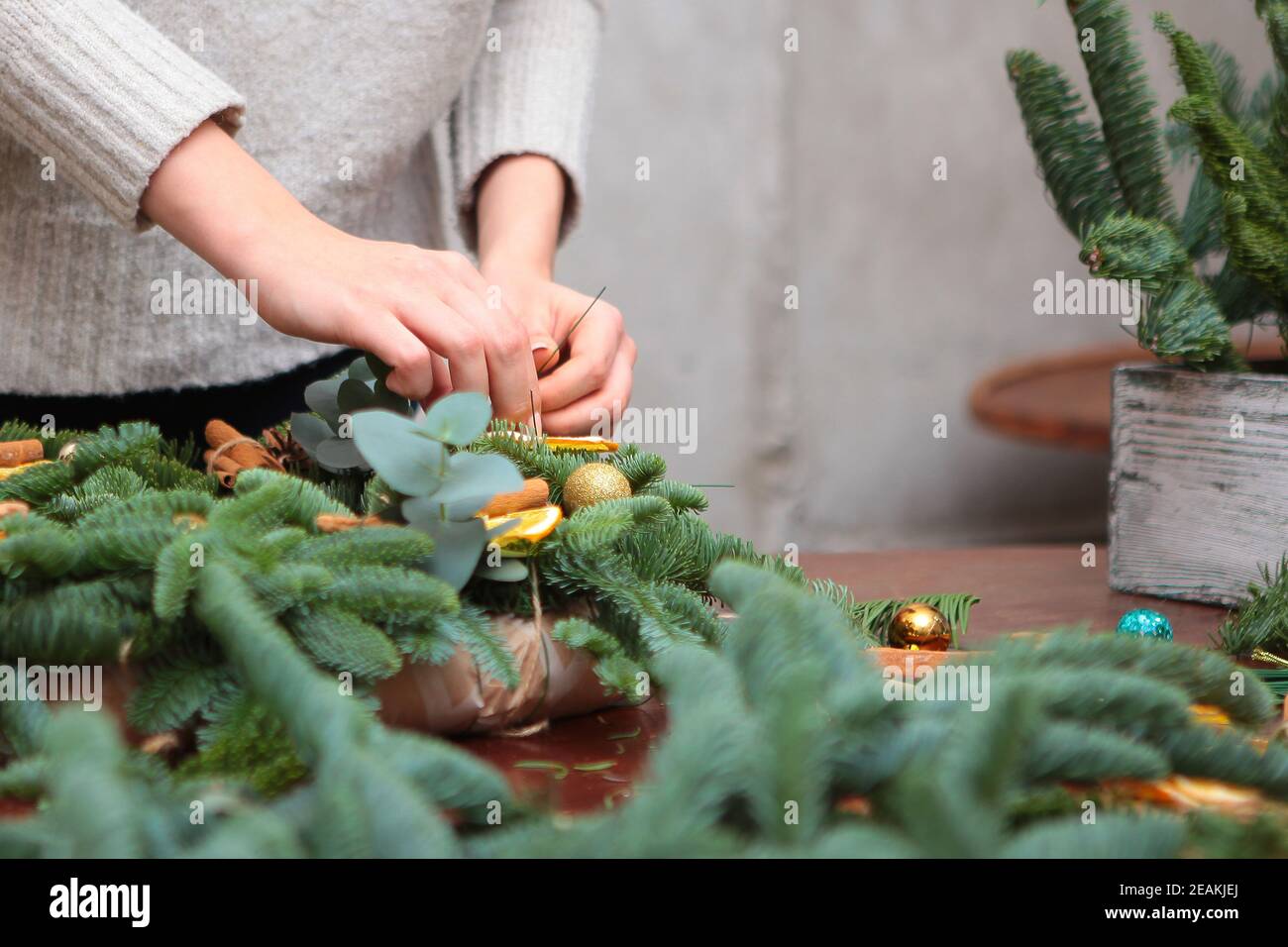 La jeune fille fait ses mains une couronne de Noël de branches d'épinette et d'eucalyptus danois. Décoration traditionnelle pour le nouvel an ou Noël. Photo sans visages, mains seulement. Banque D'Images