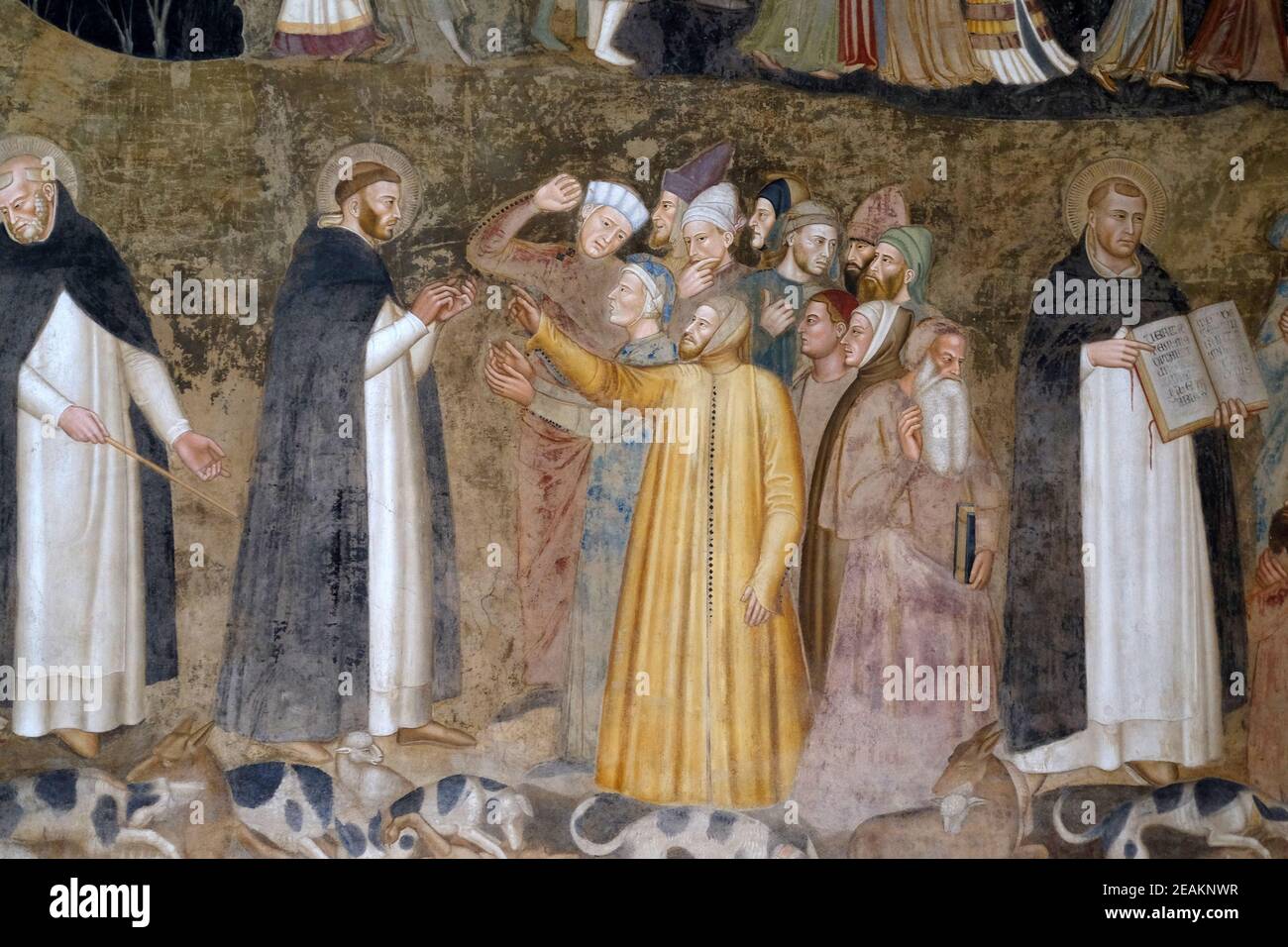 Saints Pierre le Martyr et Thomas d'Aquin réfutent les hérétiques, détail de l'église active et triomphante, fresque par Andrea Di Bonaiuto, Chapelle espagnole à Santa Maria Novella principale église dominicaine à Florence, Italie Banque D'Images