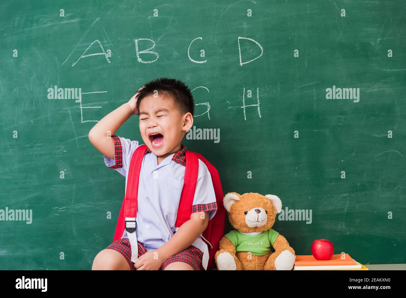 Enfant garçon maternelle en uniforme d'étudiant avec sac d'école, livre assis avec ours en peluche Banque D'Images