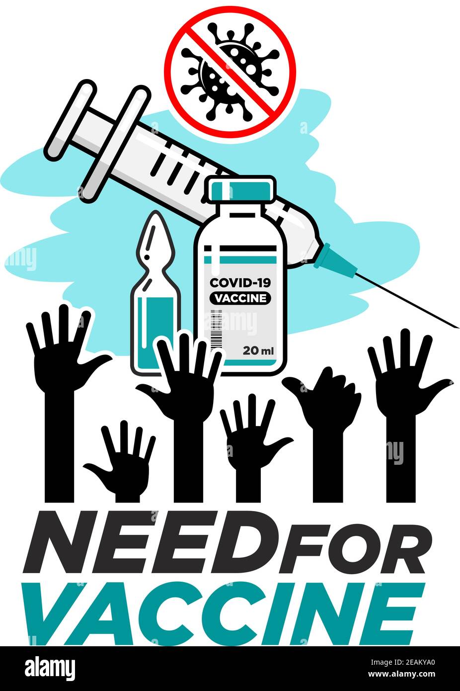 Besoin de vaccin. Mains levées de personnes demandant un vaccin contre le coronavirus. Poster vectoriel sur fond transparent Illustration de Vecteur