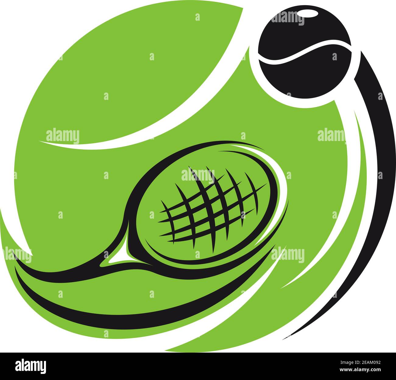 Icône stylisée de tennis avec une balle de tennis verte superposée à une raquette courbée et une balle avec des sentiers de mouvement, isolée sur blanc Illustration de Vecteur