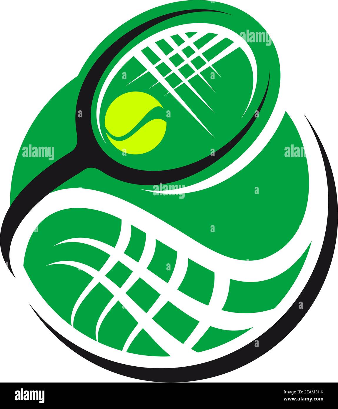 Icône de tennis et de raquette avec un green ball et une raquette à tourbillons superposés, concept de sport, d'exercice physique et de forme physique Illustration de Vecteur