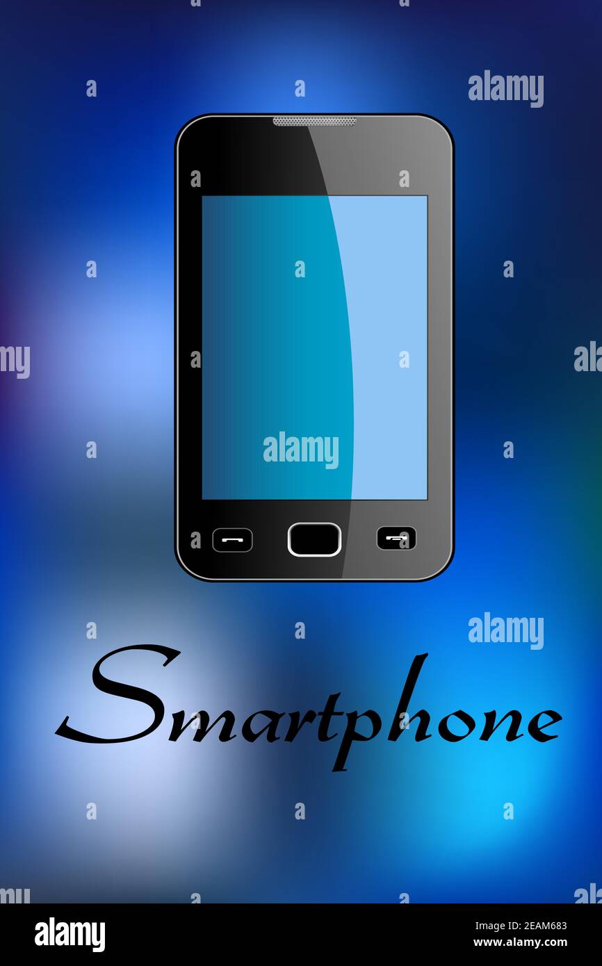 Smartphone brillant avec texte - smartphone - en bas isolé sur fond bleu dans un format vertical adapté à secteur des télécommunications Illustration de Vecteur