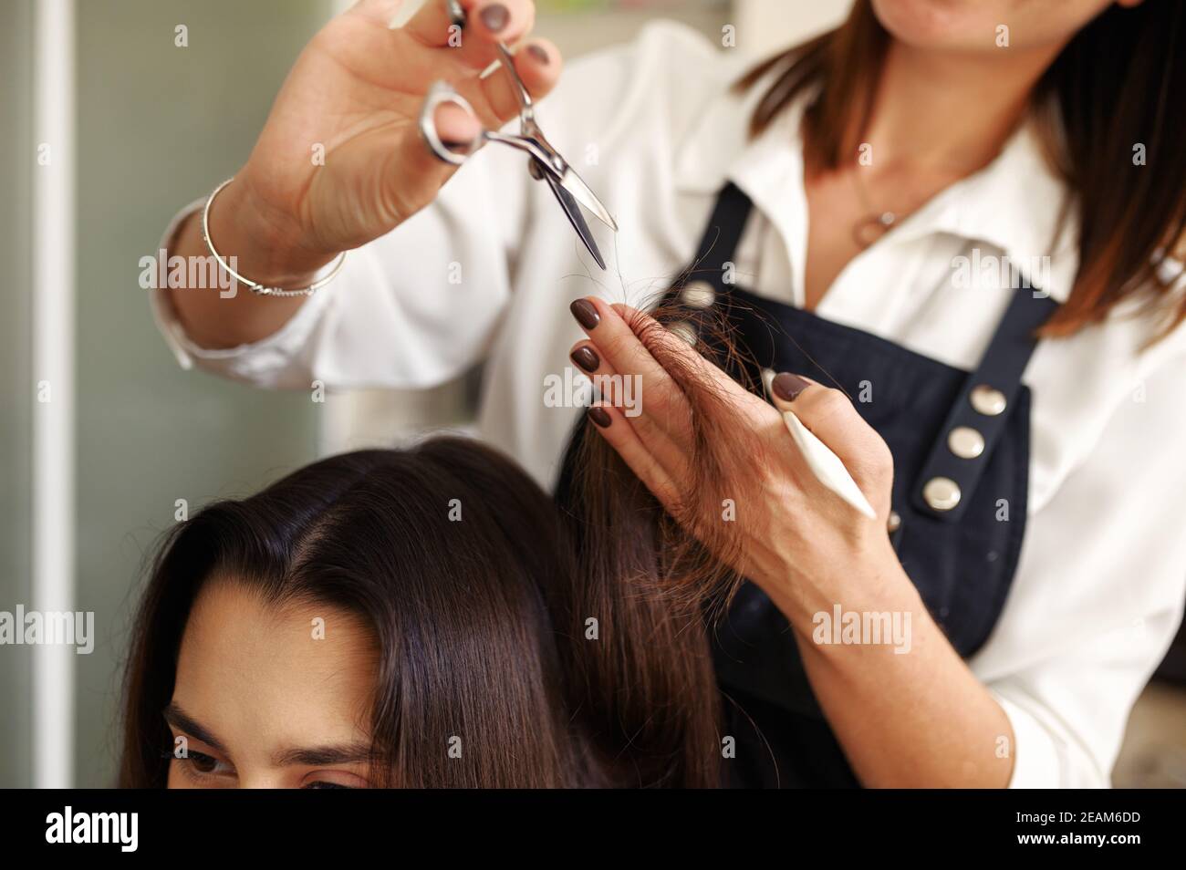 Coiffeur avec ciseaux coupe les cheveux de la femme Banque D'Images