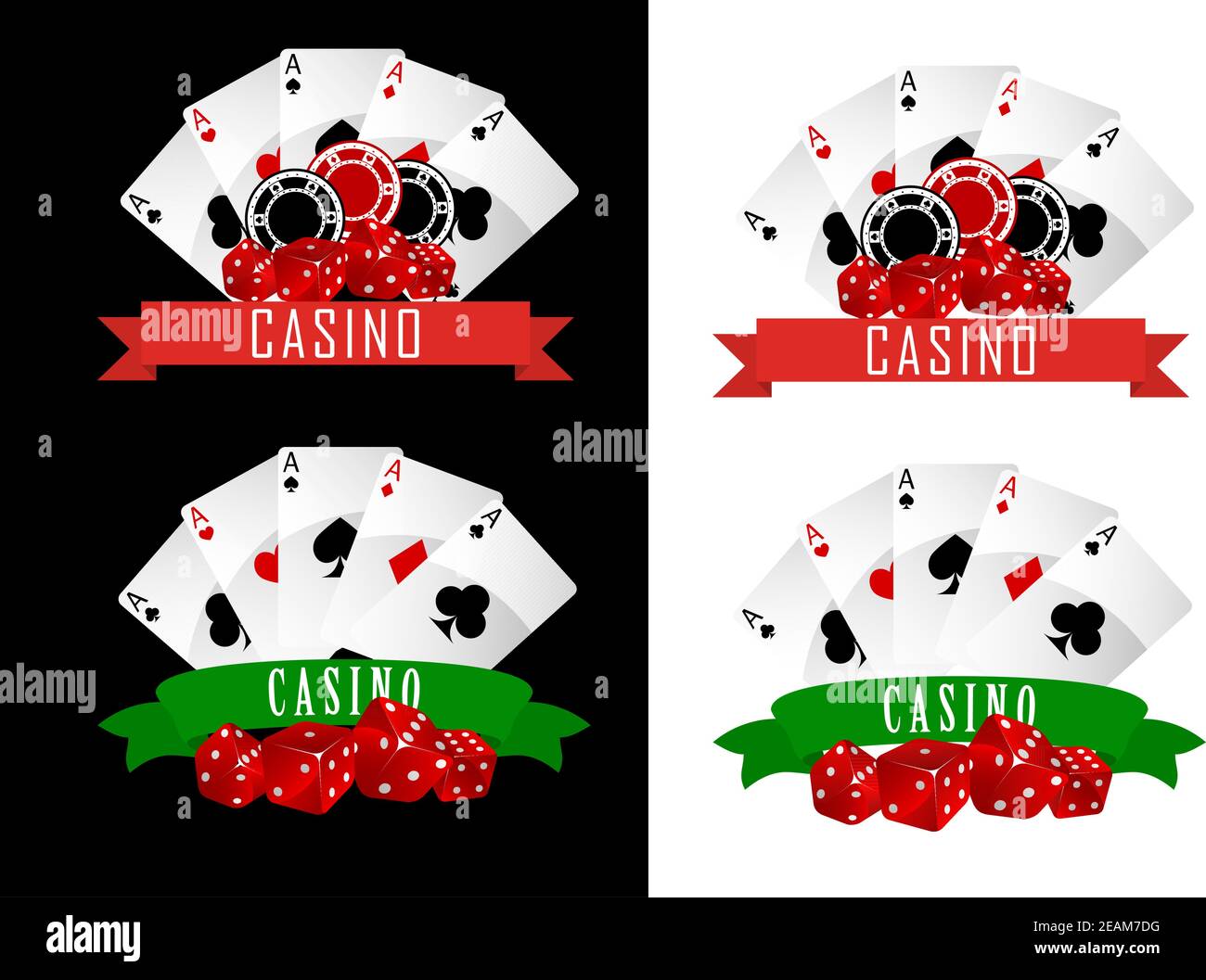 Symboles de casino avec rubans décoratifs, cartes de jeu, jetons et dés sur fond noir ou blanc Illustration de Vecteur