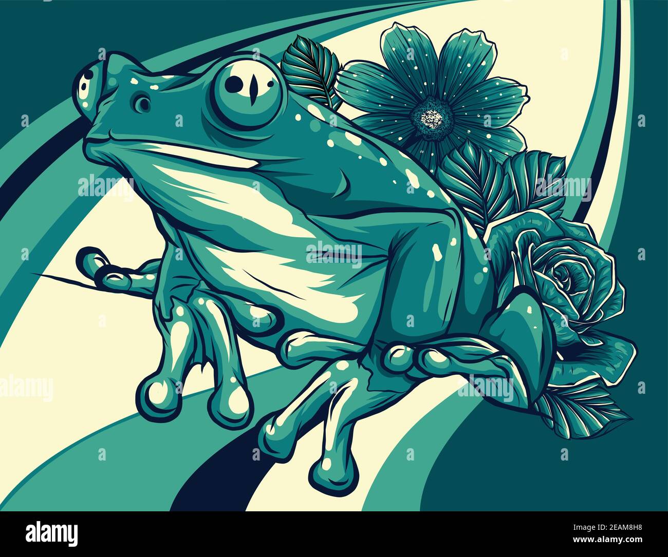 grenouille avec illustration vectorielle d'arrière-plan de couleur fleur Illustration de Vecteur