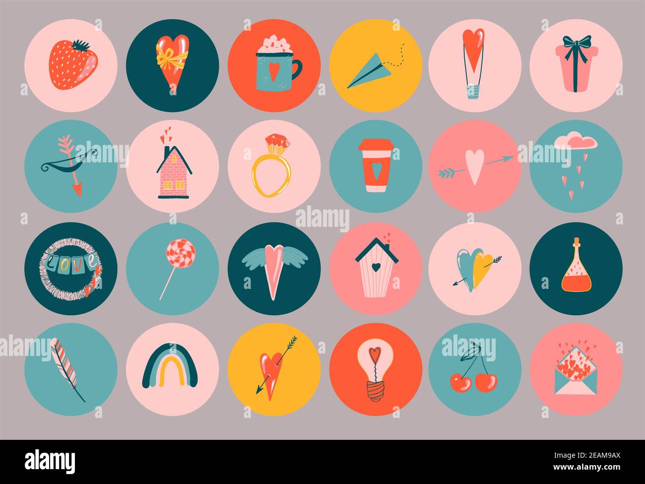 Modèle de présentation abstrait tendance avec histoire pour la conception marketing. Communication numérique. Concept de médias sociaux. Concept de réseau de médias sociaux. Motif abstrait plat. Coeurs et objets mignons. Banque D'Images