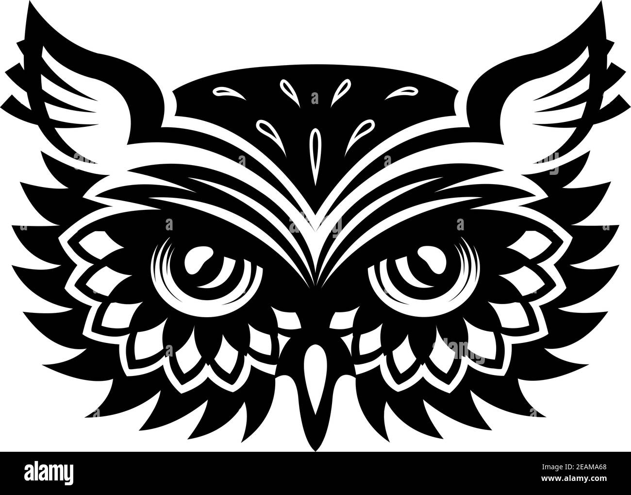Tête de hibou noir et blanc vieux corned avec grand yeux et plumes pour mascotte ou tatouage design Illustration de Vecteur