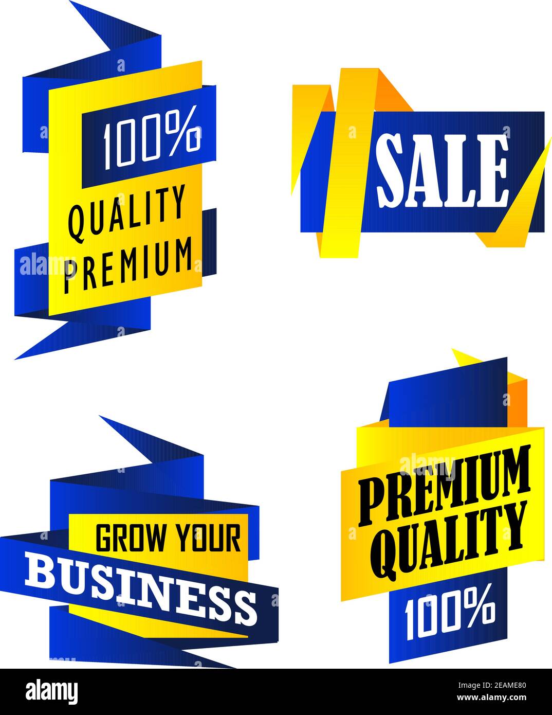 Ensemble d'étiquettes Origami représentant 100% qualité Premium, vendre et développer votre entreprise en jaune et bleu isolé sur fond blanc en format vertical Illustration de Vecteur