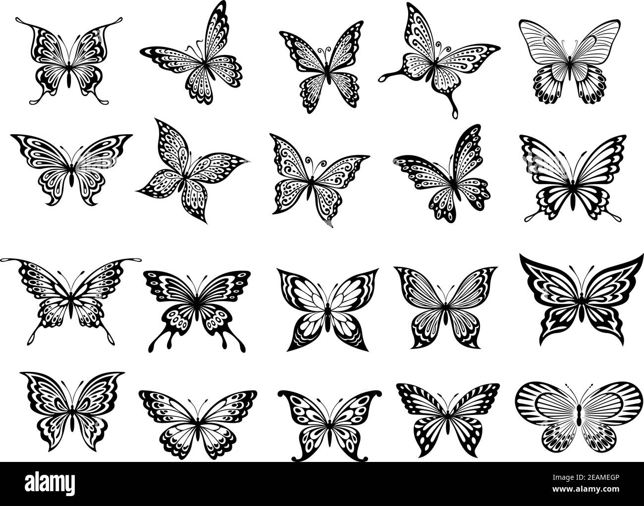 Ensemble de vingt papillons noirs et blancs ornés avec ouvrir les ailes pour les utiliser comme éléments de conception Illustration de Vecteur