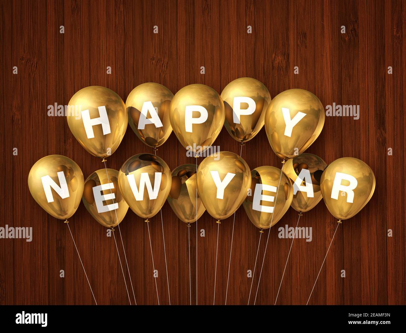 Ballons de nouvel an or heureux sur un bois sombre arrière-plan Banque D'Images