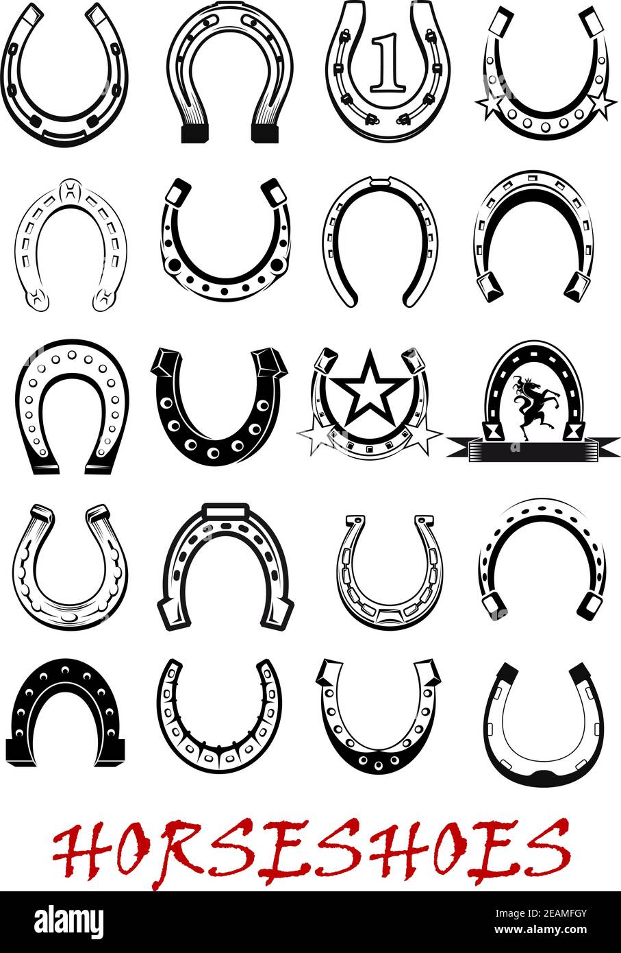 Ensemble de symboles en métal mascotte chance fer à cheval, isolé sur fond blanc . Idéal pour le sport et le design de conception chanceux Illustration de Vecteur