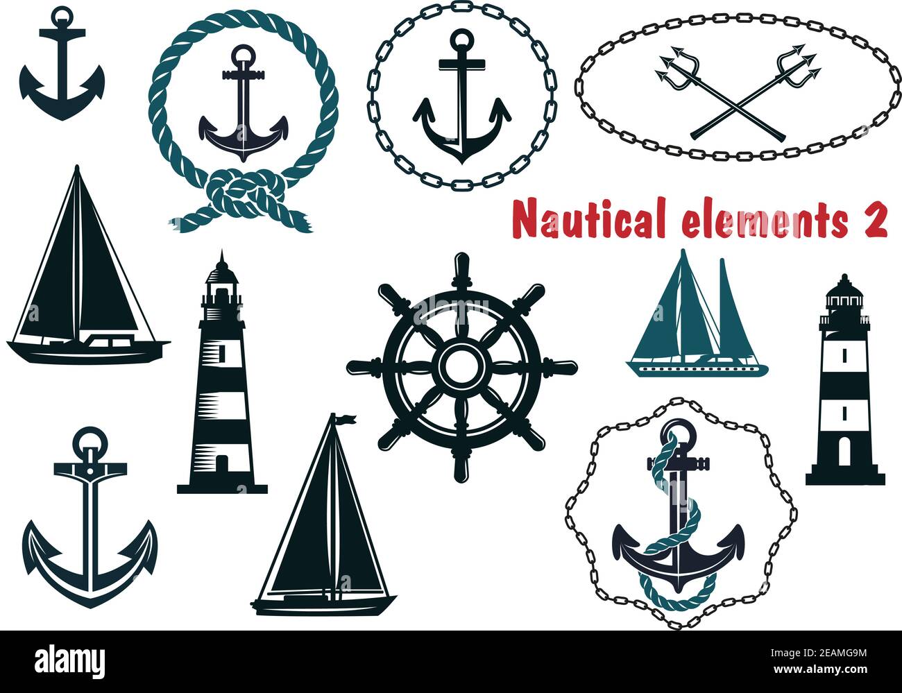 Ensemble d'éléments de design sur le thème de l'héraldique nautique avec ancres assorties, tridents croisées, voilier, yacht, deux phares, roue de navire, goélette, corde Illustration de Vecteur