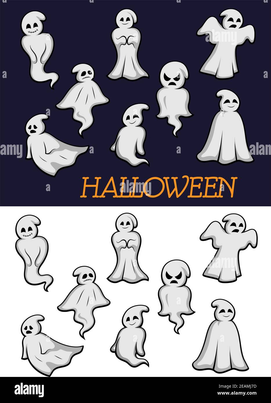 Différents dessins animés Halloween fantômes dans des robes fluides sur un blanc et un arrière-plan sombre dans différentes poses avec différentes expressions Illustration de Vecteur
