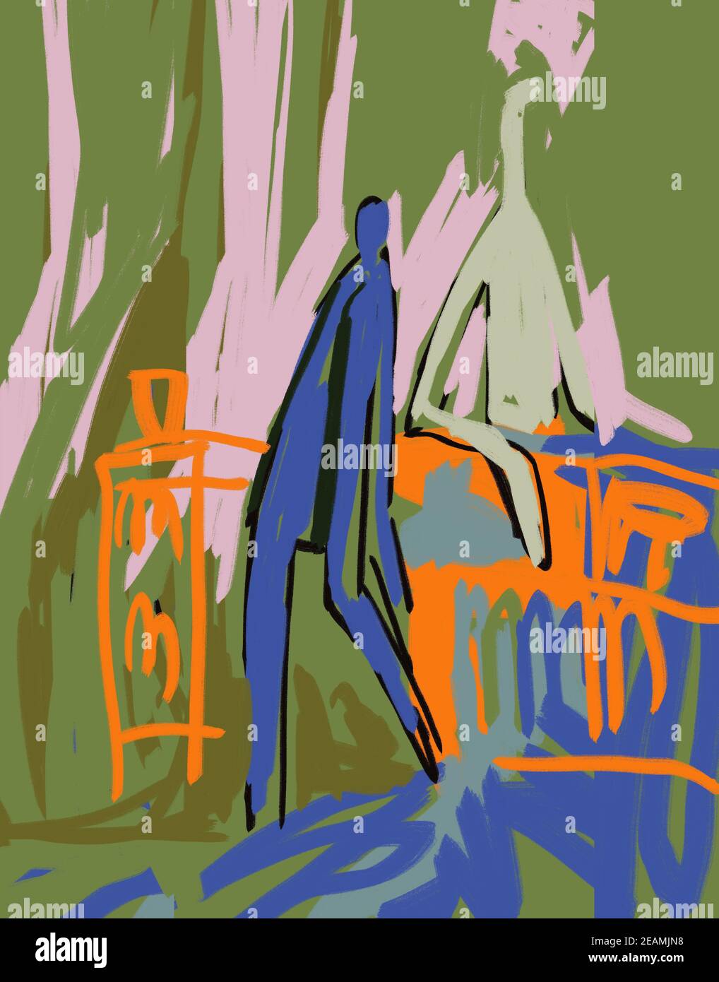 Deux personnes dans le parc avec jardin abstrait vert et forme orange. Expressionisme Art moderne peinture pour affiche et imprimé. Style Raoul Dufy. Banque D'Images Deux personnes dans le parc avec jardin abstrait vert et forme orange. Expressionisme Art moderne peinture pour affiche et imprimé. Style Raoul Dufy. Banque D'Images