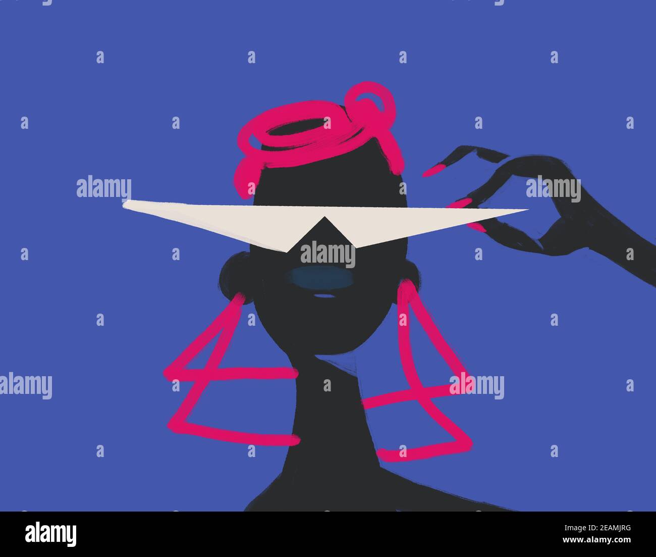 Minimaliste de femme africaine portrait avec des lunettes de mode. Isolé sur le bleu avec les cheveux et les ongles roses. Pour impression et poster. Banque D'Images Minimaliste de femme africaine portrait avec des lunettes de mode. Isolé sur le bleu avec les cheveux et les ongles roses. Pour impression et poster. Banque D'Images