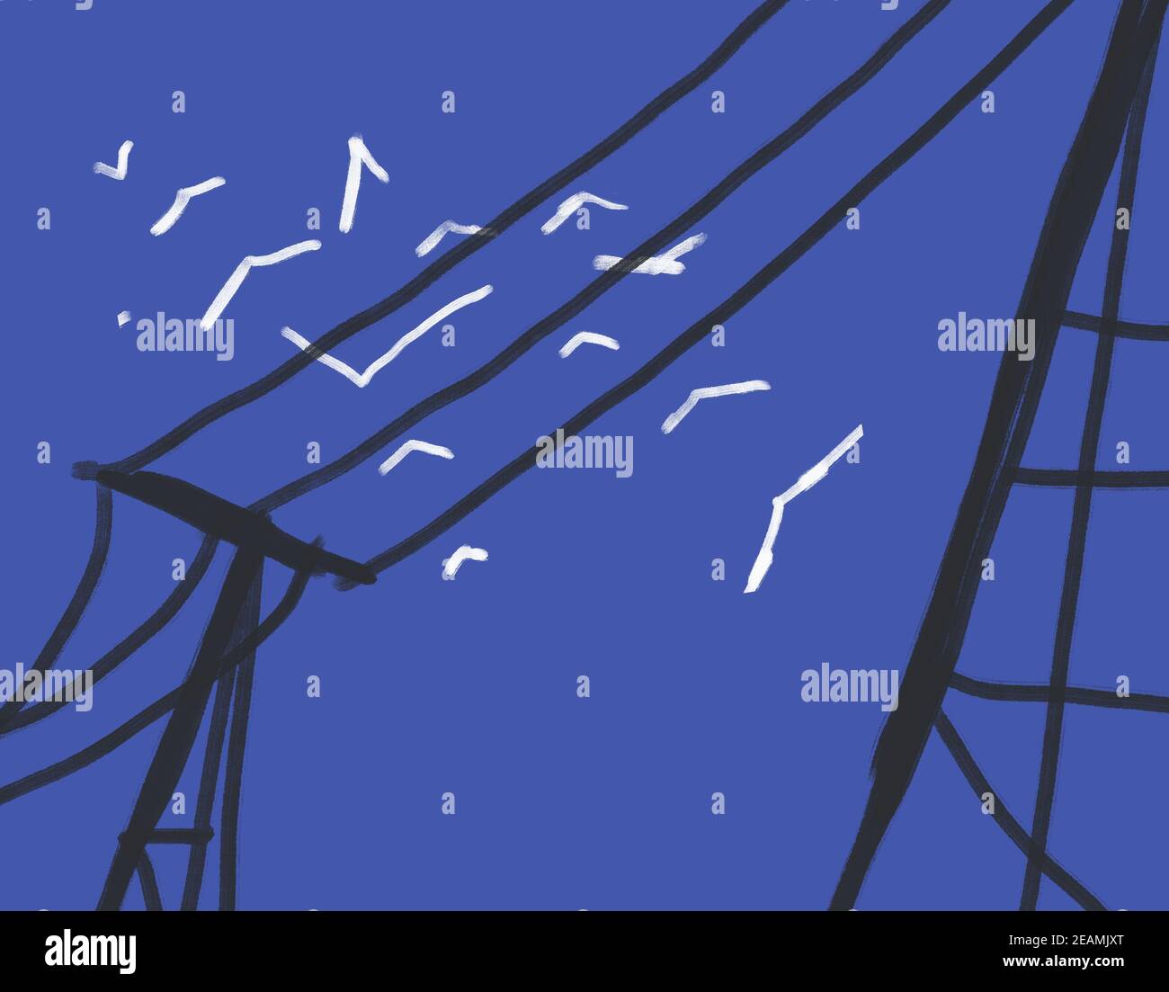 Peinture minimaliste bleu ciel avec oiseau blanc volent autour du pylône électrique noir.illustration dans l'art branché Banque D'Images