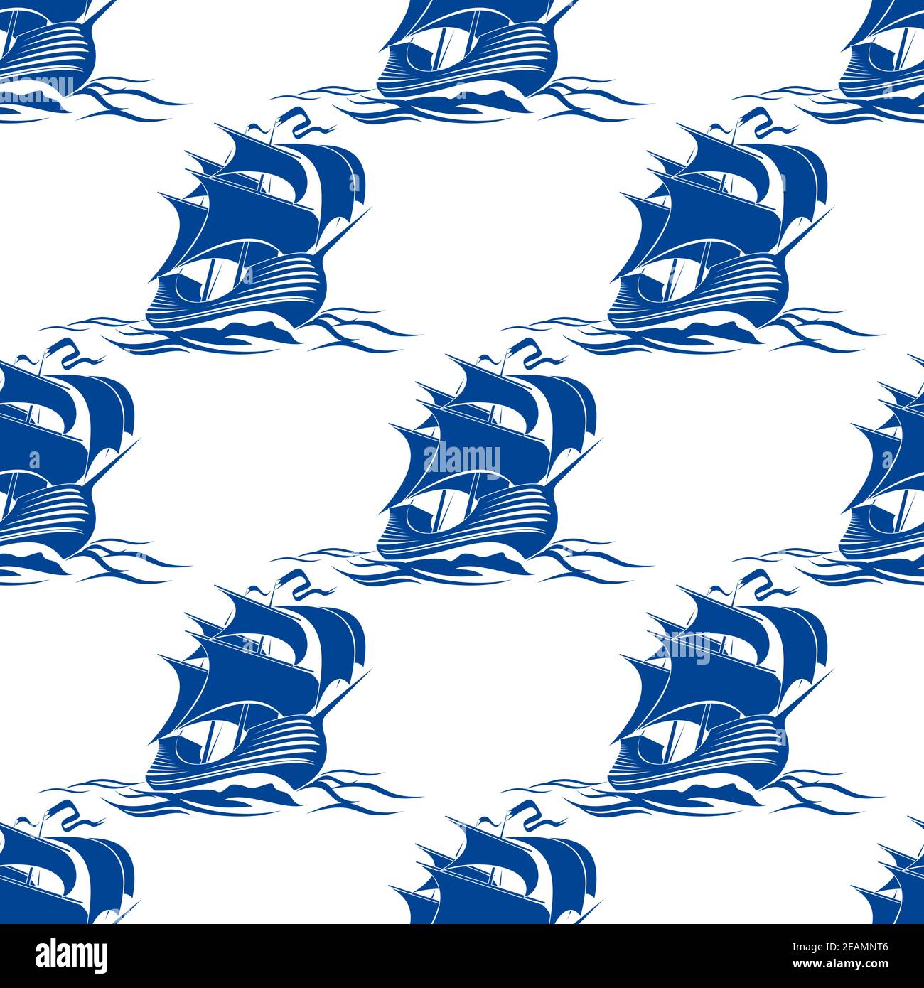 Motif d'arrière-plan sans couture d'un voilier entièrement équipé avec voiles de billing naviguant à travers les vagues en bleu nautique avec un motif de répétition Illustration de Vecteur