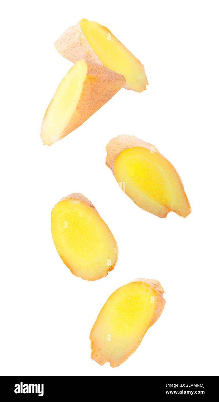 Fruits au gingembre isolés dans l'air sur fond blanc Banque D'Images