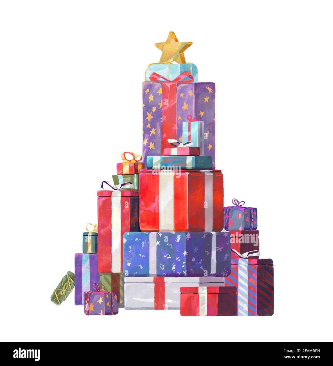 Illustration de l'arbre de Noël fait de cadeaux et cadeaux colorés. Peinture aquarelle semi réaliste. Concept de vacances. Banque D'Images