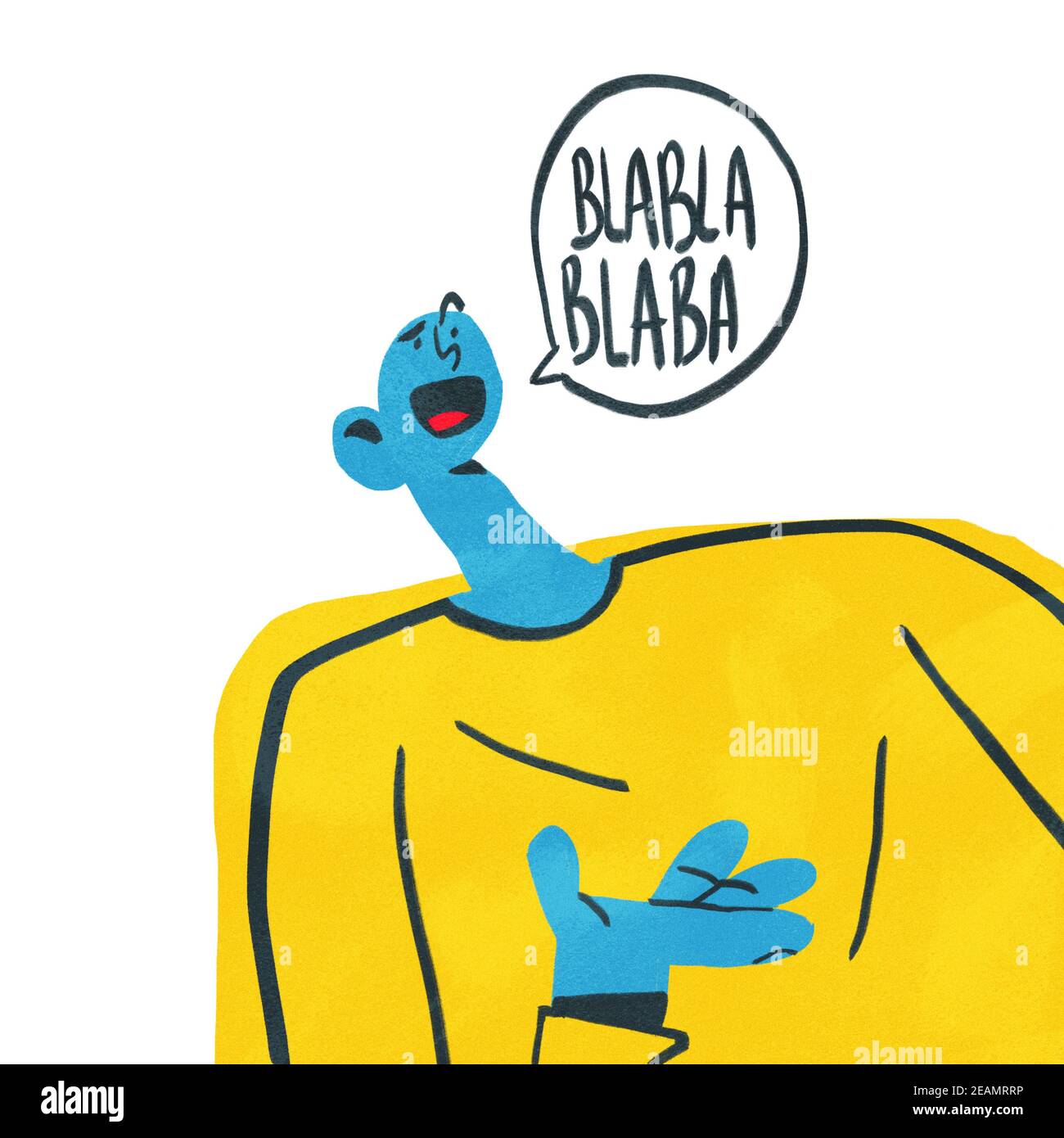 Drôle de gars bleu parlant. Clipart de dessin animé vintage avec design plat et couleur primaire. Esquisse avec ligne en gras et style 50s. Concept de réponse isolé sur blanc. Banque D'Images