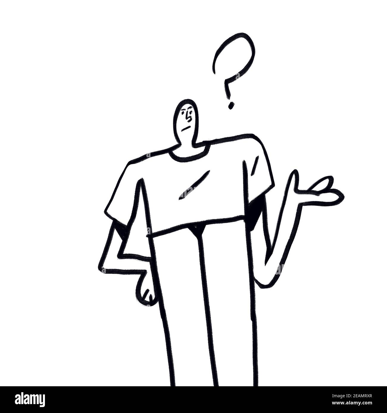 Homme confus avec point d'interrogation. Drôle de dessin animé clipart avec le concept de question. Dessin au trait avec ligne noire audacieuse. Esquisse isolée sur blanc Banque D'Images