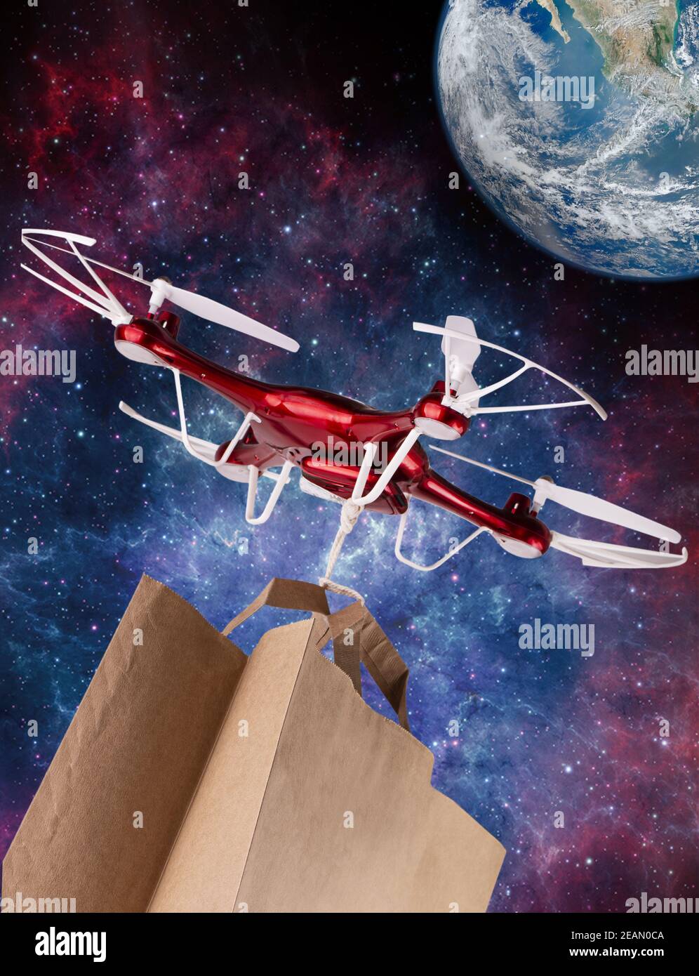 Drone livre un paquet avec des achats à la Terre de voler le la voie lactée dans l'espace Banque D'Images