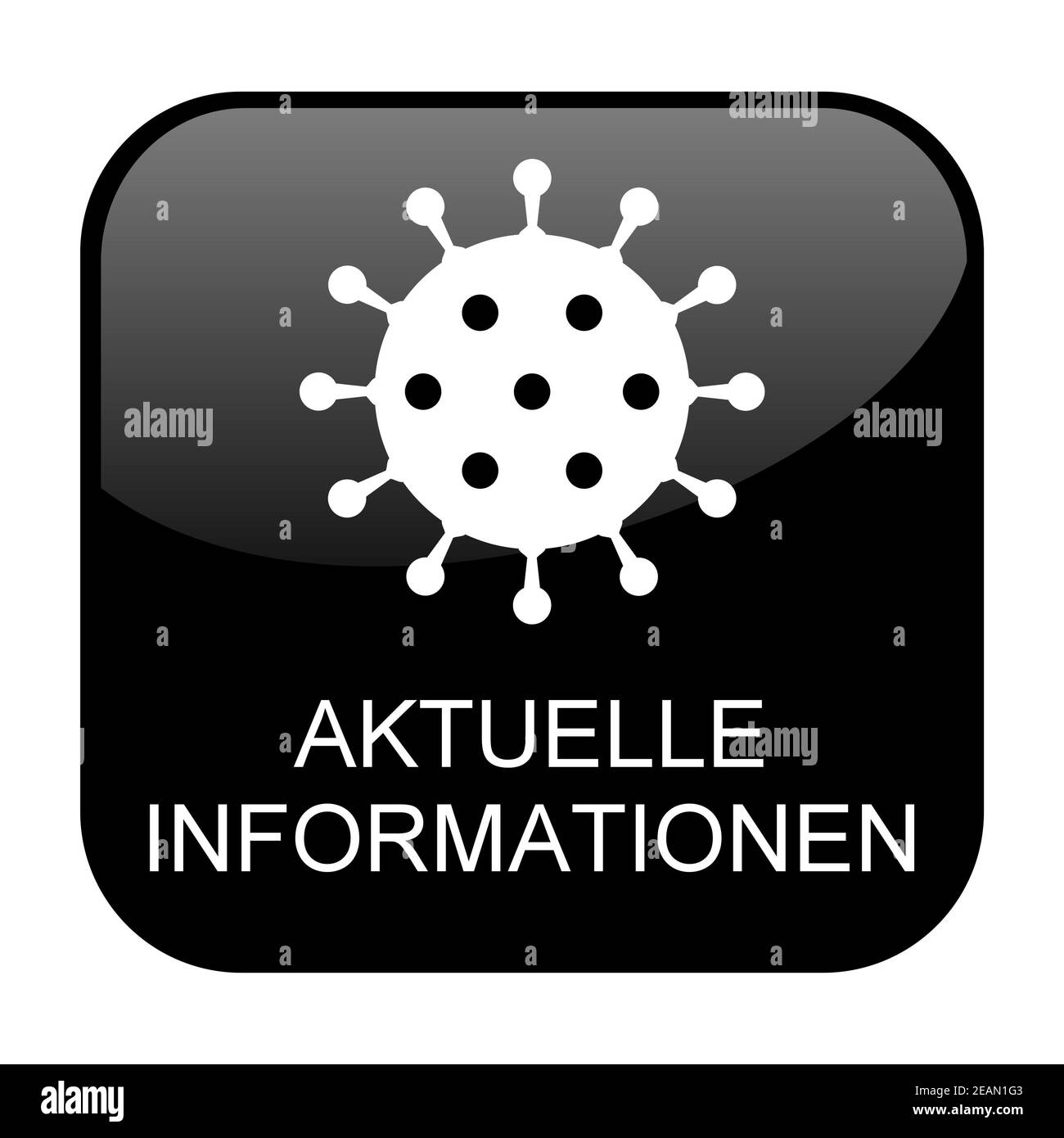 Icône du coronavirus sur le bouton noir - informations actuelles en allemand langue Banque D'Images