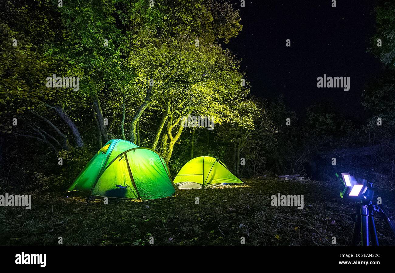 Tentes touristiques la nuit dans les bois. Les lumières sont allumées dans les tentes. Banque D'Images