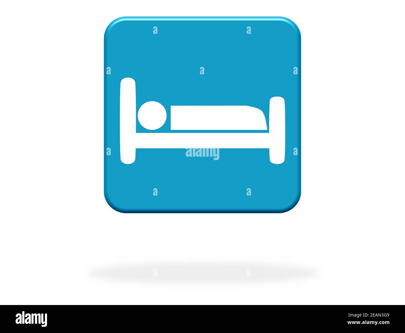 Bouton bleu avec icône de lit - Hôtel ou Hostel Banque D'Images