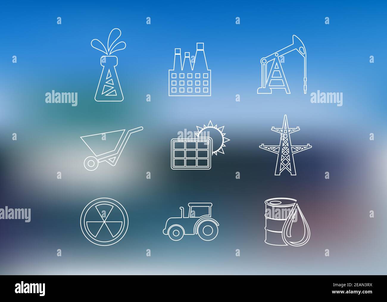 Présenter les icônes industrielles définies avec le derrick d'huile, l'usine, la pompe à huile, le brouette, la batterie solaire, la tour haute tension, le panneau nucléaire, le fourreau, le camion et le trac Illustration de Vecteur