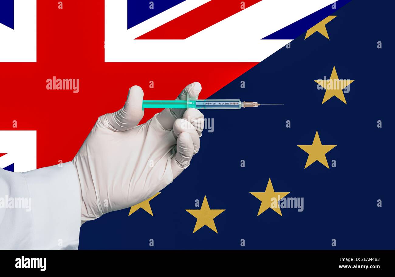image symbolique de l'europe et du royaume-uni avec un covid 19 seringue de vaccin Banque D'Images